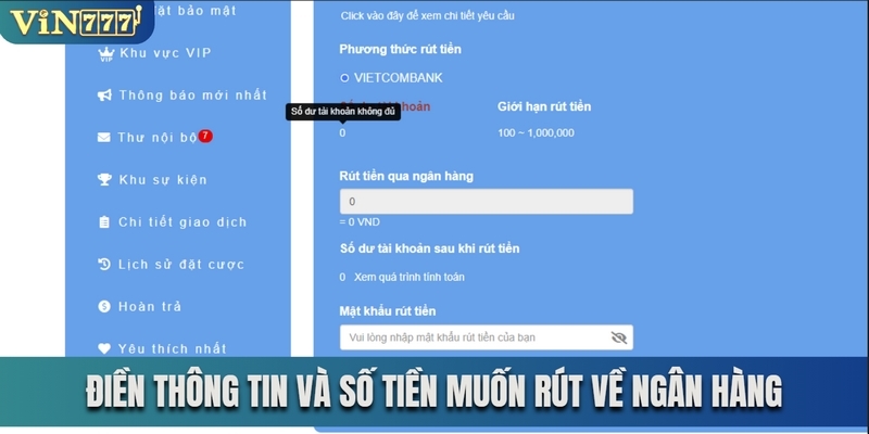 Điền thông tin và số tiền muốn rút về ngân hàng